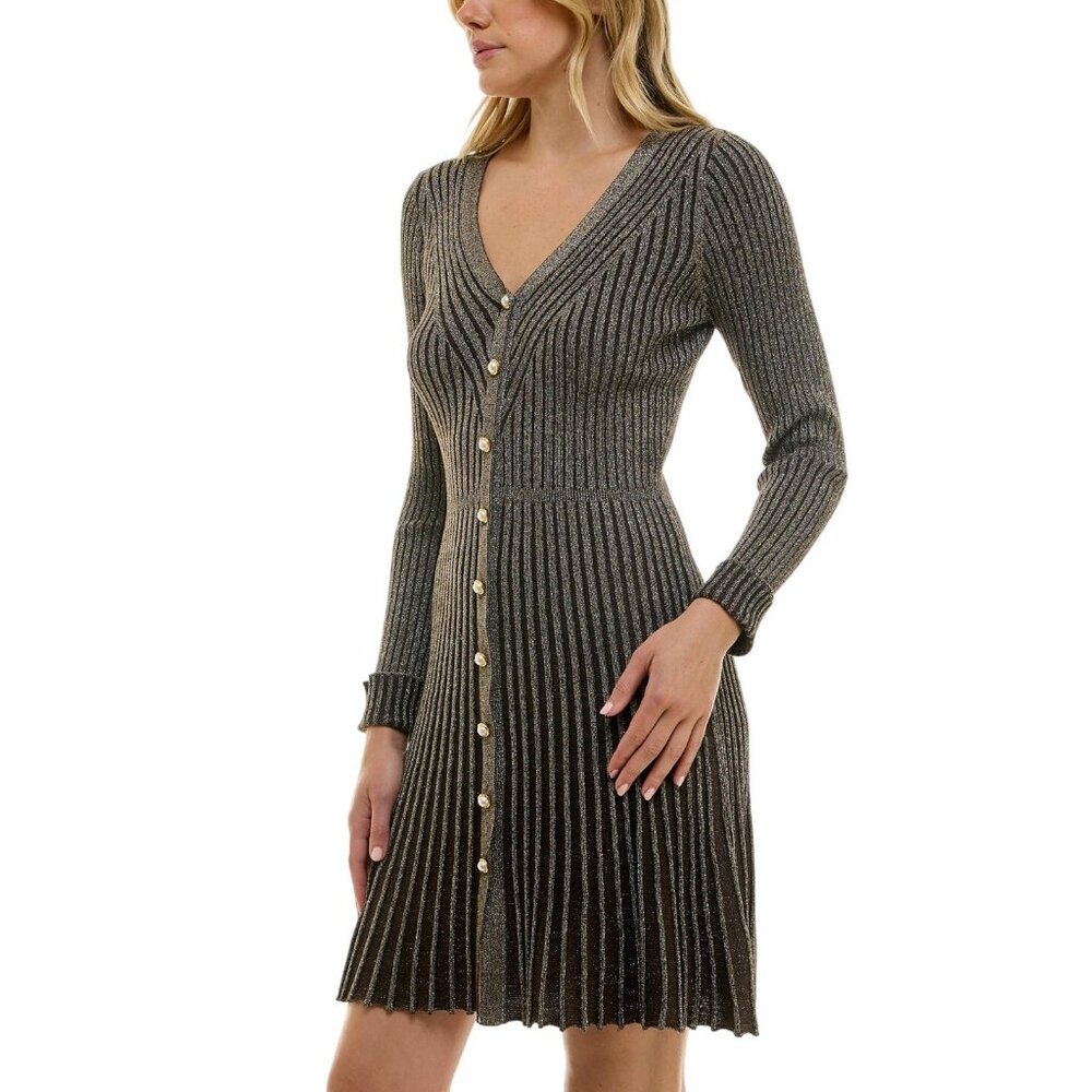 NWT Taylor Womens Petite Metallic Fit Flare Sweater Dress 6750P Brown / Gold PM - Picture 3 of 9